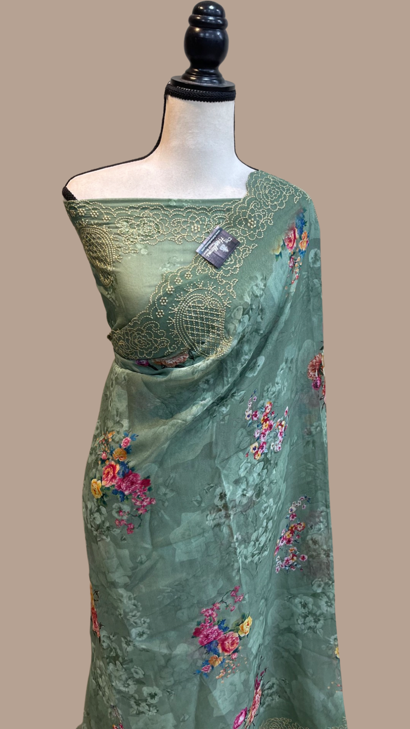 Pure Georgette  Digital Print with Chikankari Handloom Banarasi Saree - The Handlooms