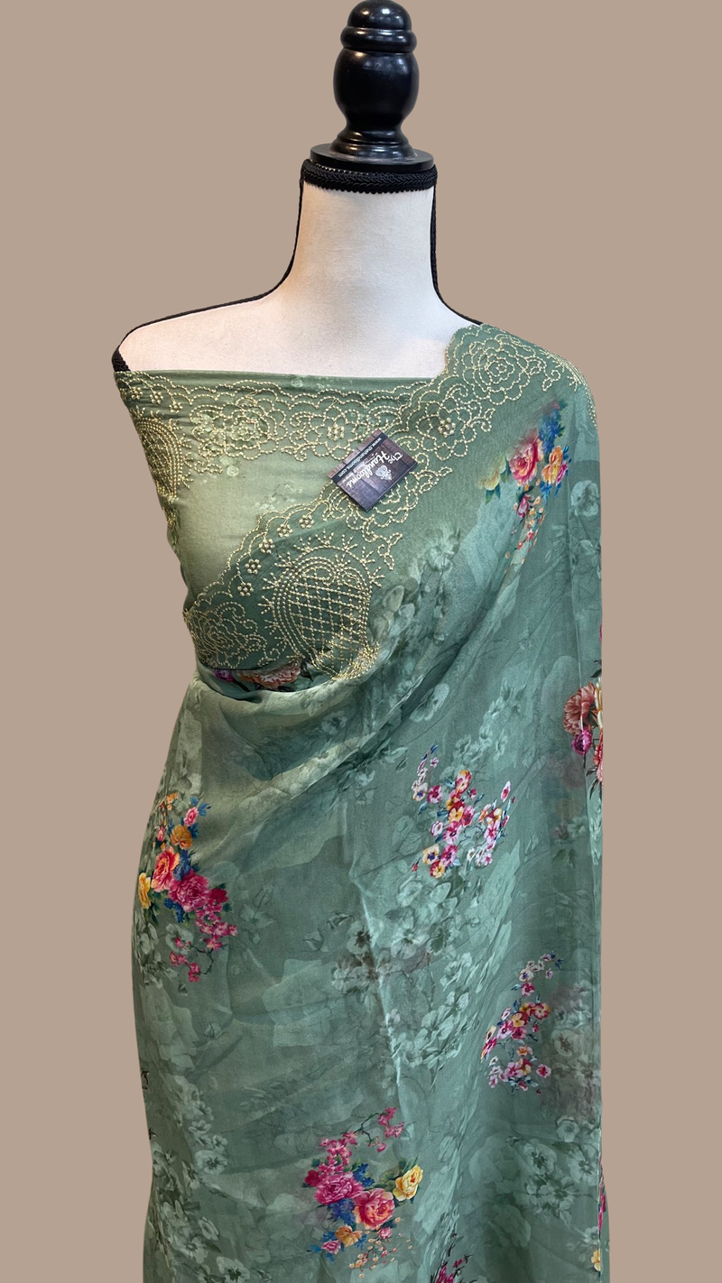 Pure Georgette  Digital Print with Chikankari Handloom Banarasi Saree - The Handlooms