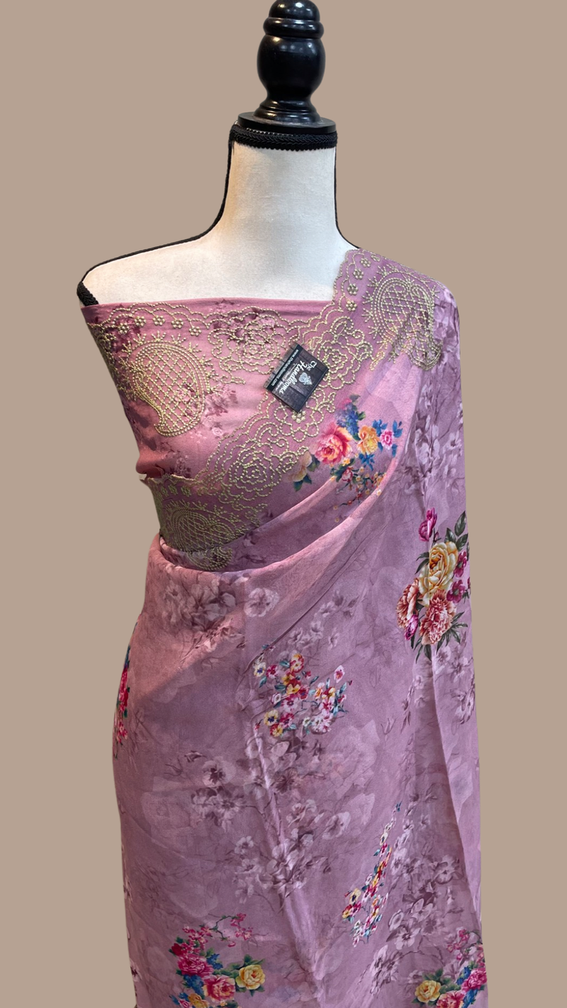 Pure Georgette  Digital Print with Chikankari Handloom Banarasi Saree - The Handlooms