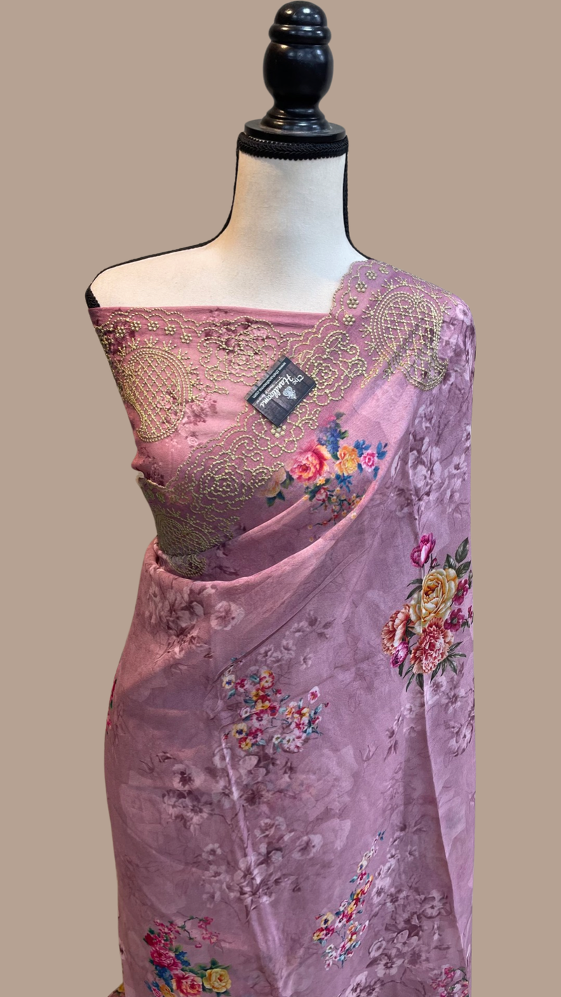 Pure Georgette  Digital Print with Chikankari Handloom Banarasi Saree - The Handlooms