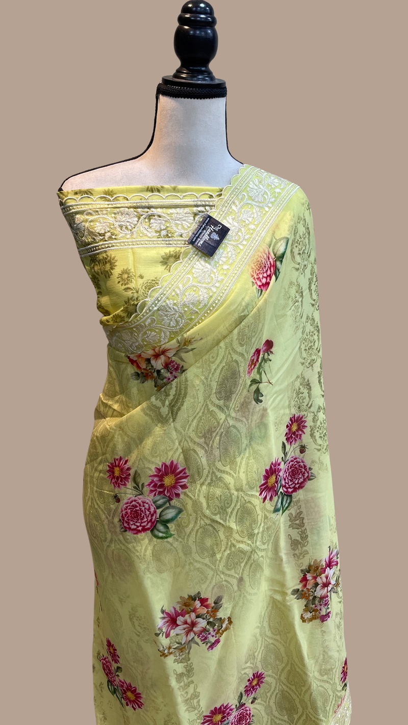 Pure Georgette  Digital Print with Chikankari Handloom Banarasi Saree - The Handlooms
