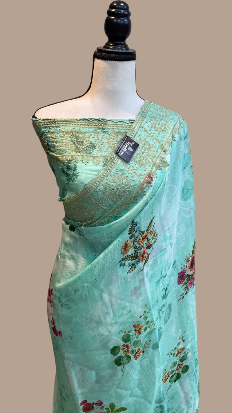 Pure Georgette  Digital Print with Chikankari Handloom Banarasi Saree - The Handlooms