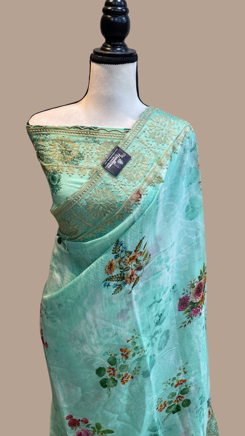 Pure Georgette  Digital Print with Chikankari Handloom Banarasi Saree - The Handlooms