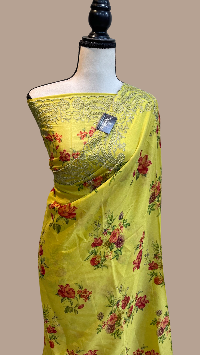 Pure Georgette  Digital Print with Chikankari Handloom Banarasi Saree - The Handlooms