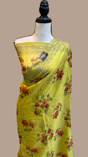Pure Georgette  Digital Print with Chikankari Handloom Banarasi Saree - The Handlooms