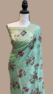 Pure Georgette  Digital Print with Chikankari Handloom Banarasi Saree - The Handlooms