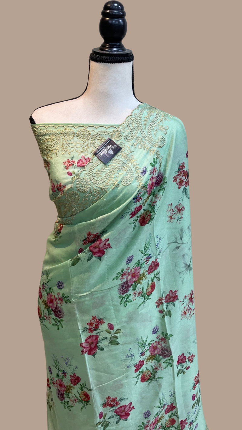 Pure Georgette  Digital Print with Chikankari Handloom Banarasi Saree - The Handlooms
