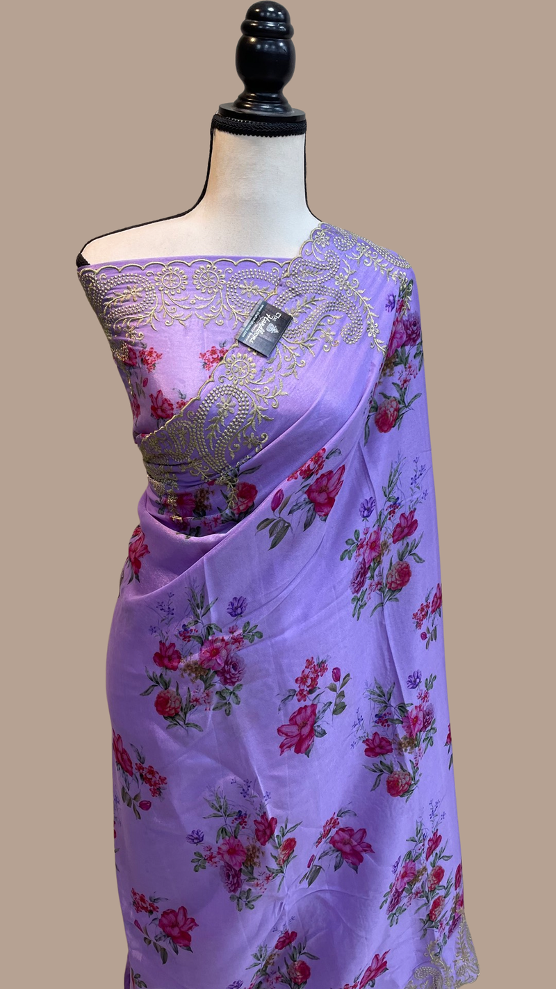 Pure Georgette  Digital Print with Chikankari Handloom Banarasi Saree - The Handlooms