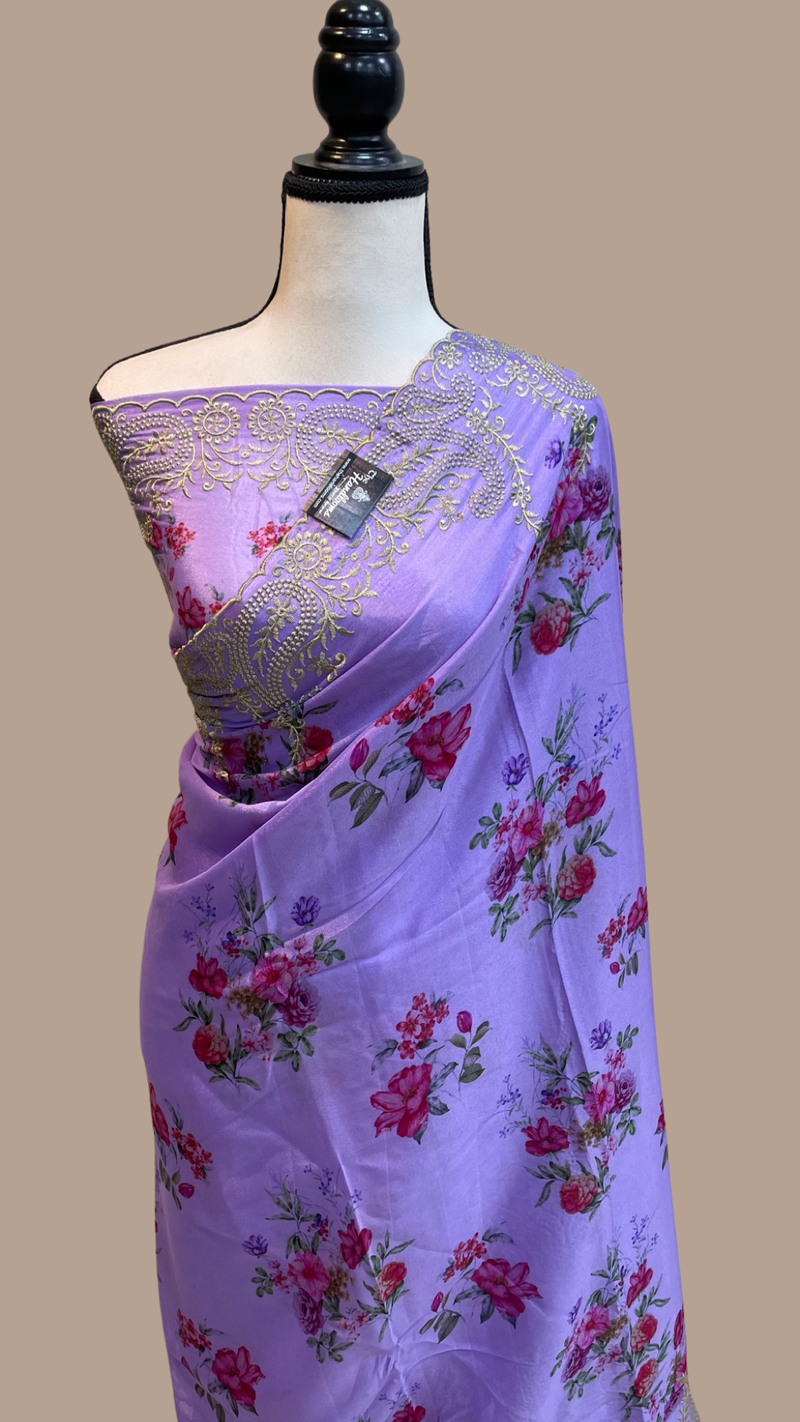 Pure Georgette  Digital Print with Chikankari Handloom Banarasi Saree - The Handlooms