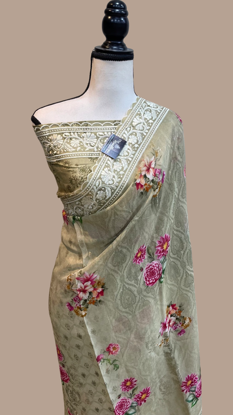 Pure Georgette  Digital Print with Chikankari Handloom Banarasi Saree - The Handlooms