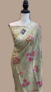 Pure Georgette  Digital Print with Chikankari Handloom Banarasi Saree - The Handlooms