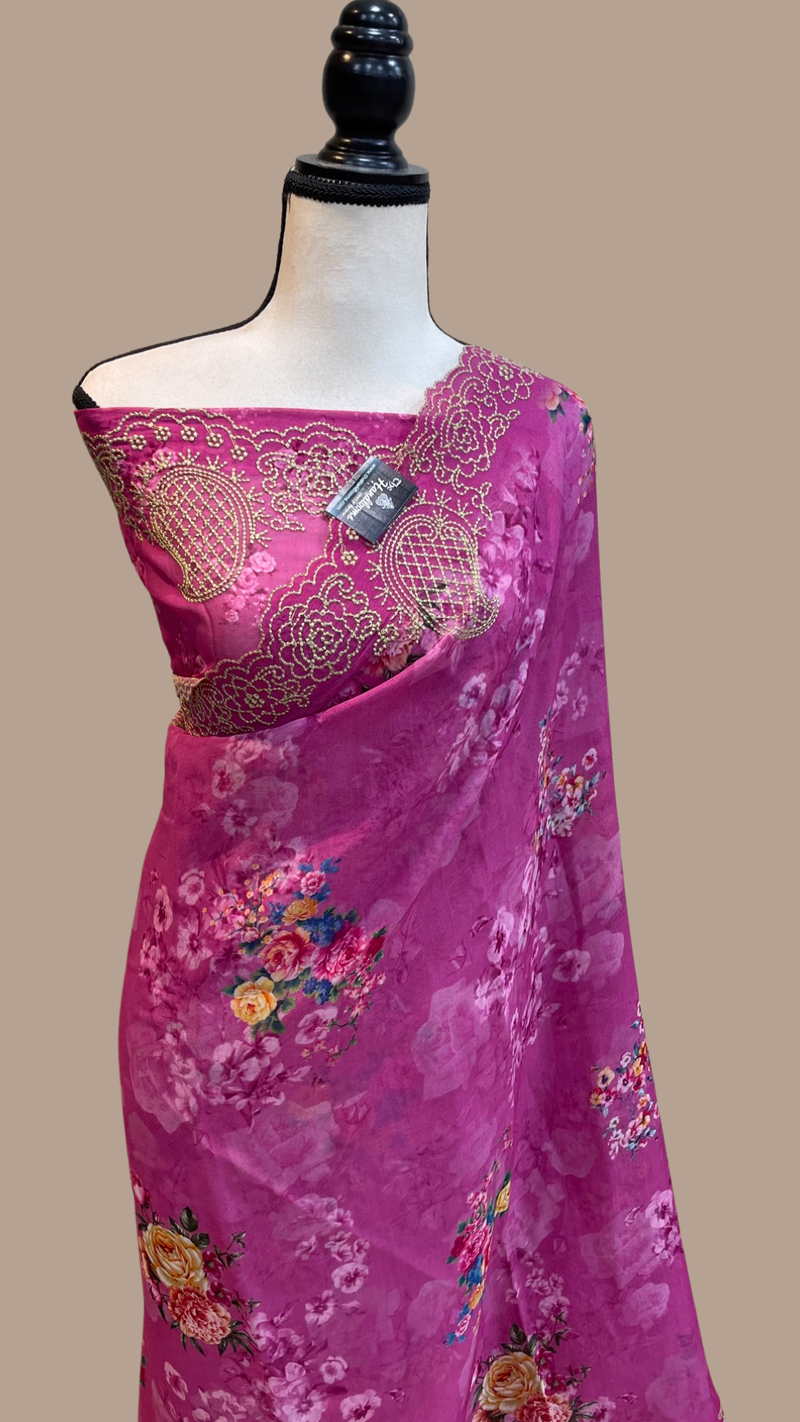 Pure Georgette  Digital Print with Chikankari Handloom Banarasi Saree - The Handlooms