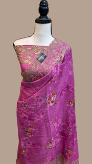 Pure Georgette  Digital Print with Chikankari Handloom Banarasi Saree - The Handlooms