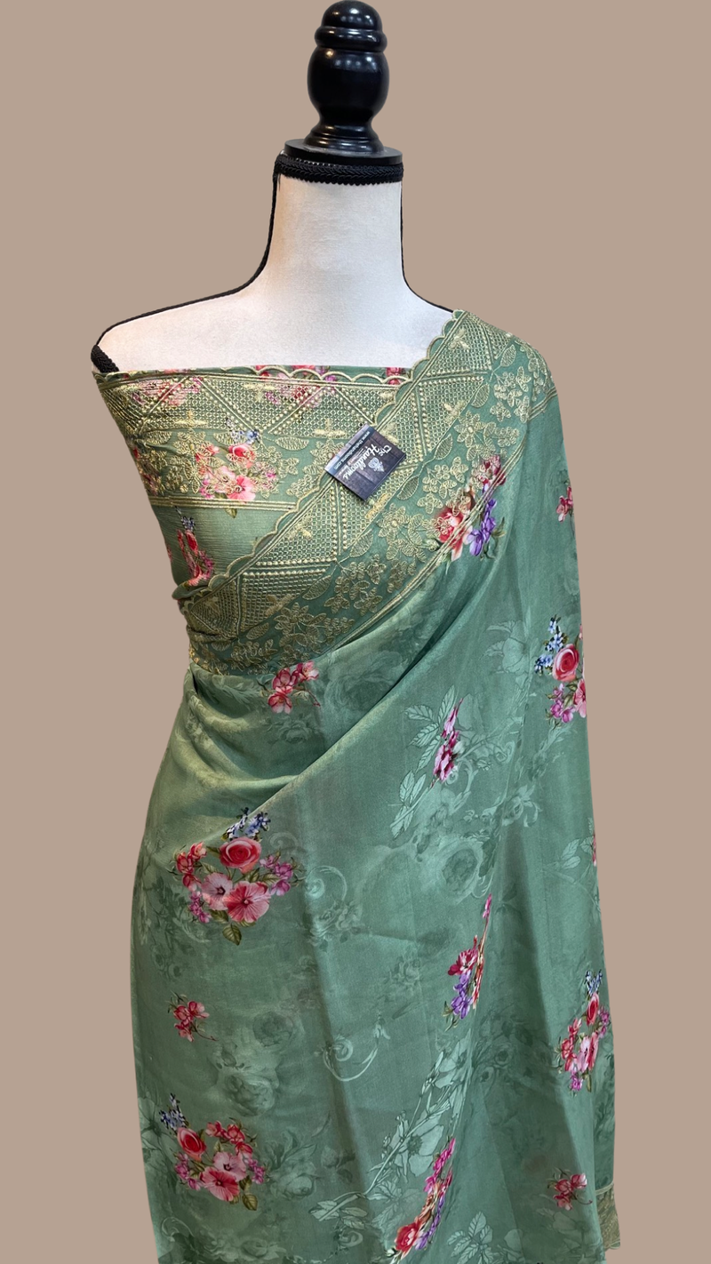 Pure Georgette  Digital Print with Chikankari Handloom Banarasi Saree - The Handlooms