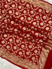Red Pure Khaddi Georgette Dupatta - water zari - The Handlooms