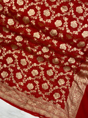 Red Pure Khaddi Georgette Dupatta - water zari - The Handlooms