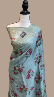 Pure Georgette  Digital Print with Chikankari Handloom Banarasi Saree - The Handlooms