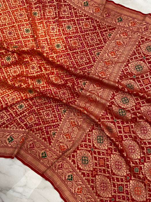 Pure Georgette Banarasi Bandhej Handloom Saree - with meenakari work