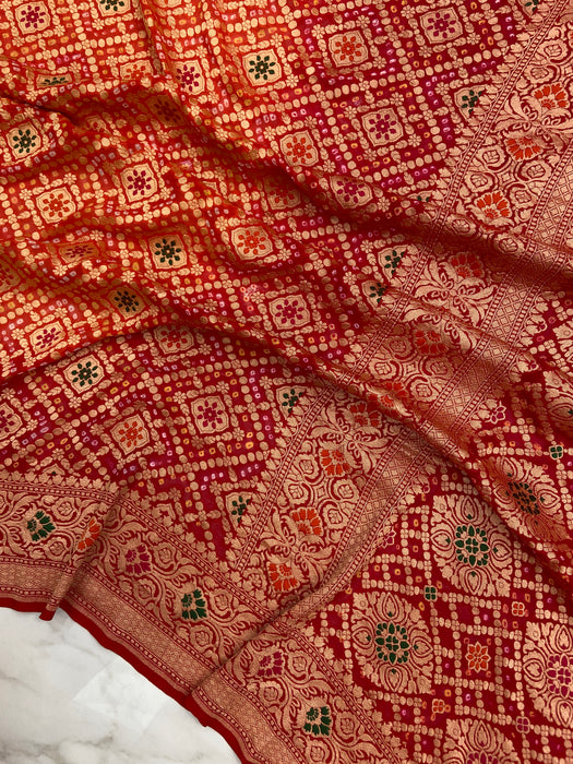 Pure Georgette Banarasi Bandhej Handloom Saree - with meenakari work