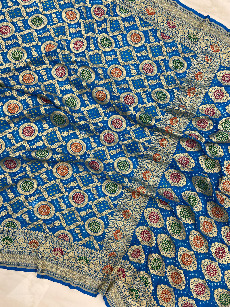 Pure Georgette Banarasi Bandhej Handloom Saree - with meenakari work - The Handlooms