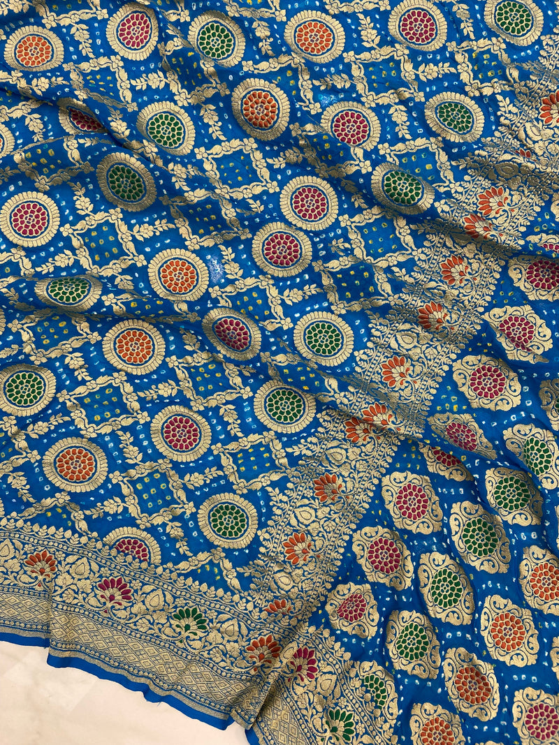 Pure Georgette Banarasi Bandhej Handloom Saree - with meenakari work - The Handlooms