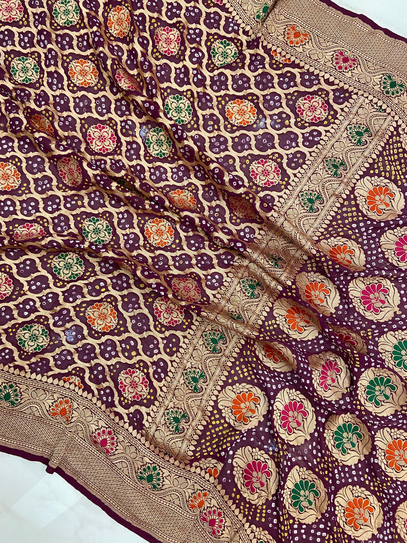 Pure Georgette Banarasi Bandhej Handloom Saree - with meenakari work - The Handlooms