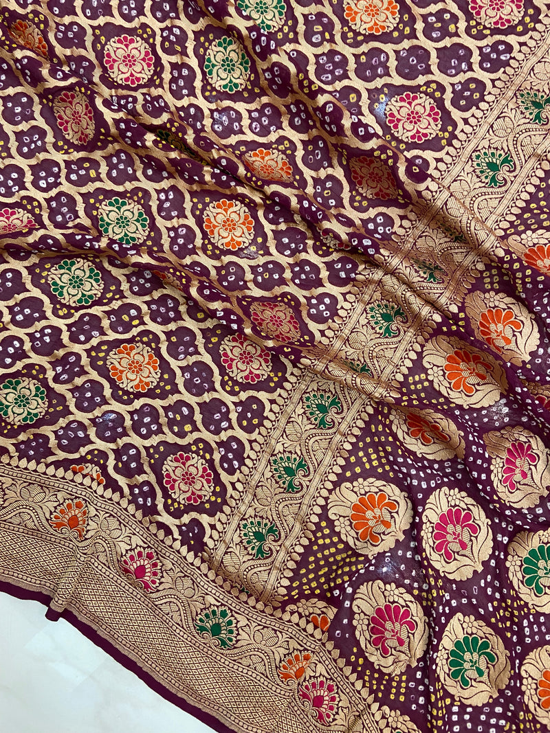 Pure Georgette Banarasi Bandhej Handloom Saree - with meenakari work - The Handlooms