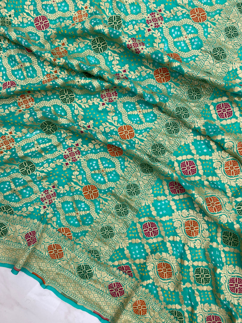 Pure Georgette Banarasi Bandhej Handloom Saree - with meenakari work - The Handlooms