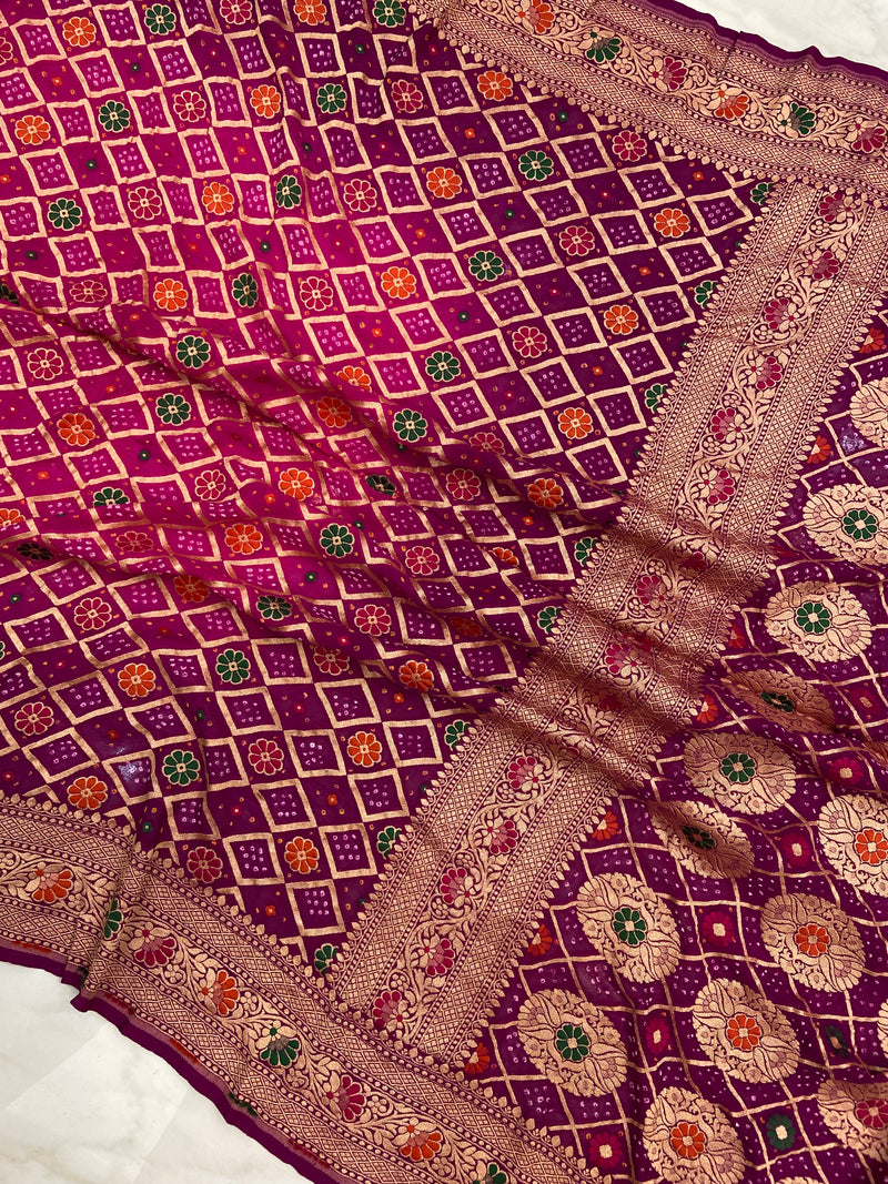 Pure Georgette Banarasi Bandhej Handloom Saree - with meenakari work - The Handlooms