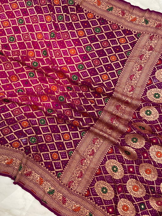 Pure Georgette Banarasi Bandhej Handloom Saree - with meenakari work