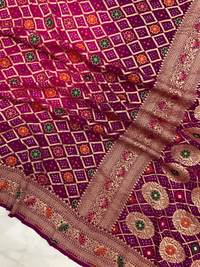 Pure Georgette Banarasi Bandhej Handloom Saree - with meenakari work - The Handlooms