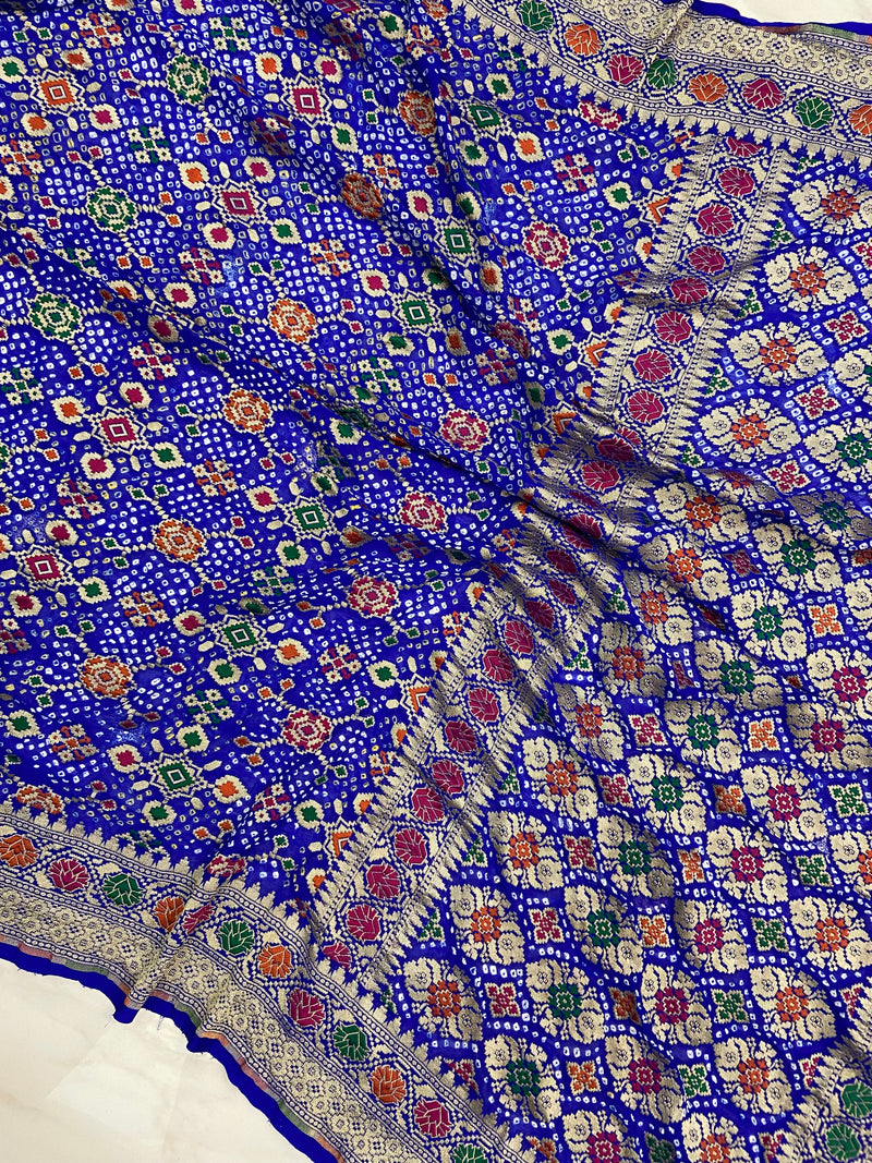 Pure Georgette Banarasi Bandhej Handloom Saree - with meenakari work - The Handlooms