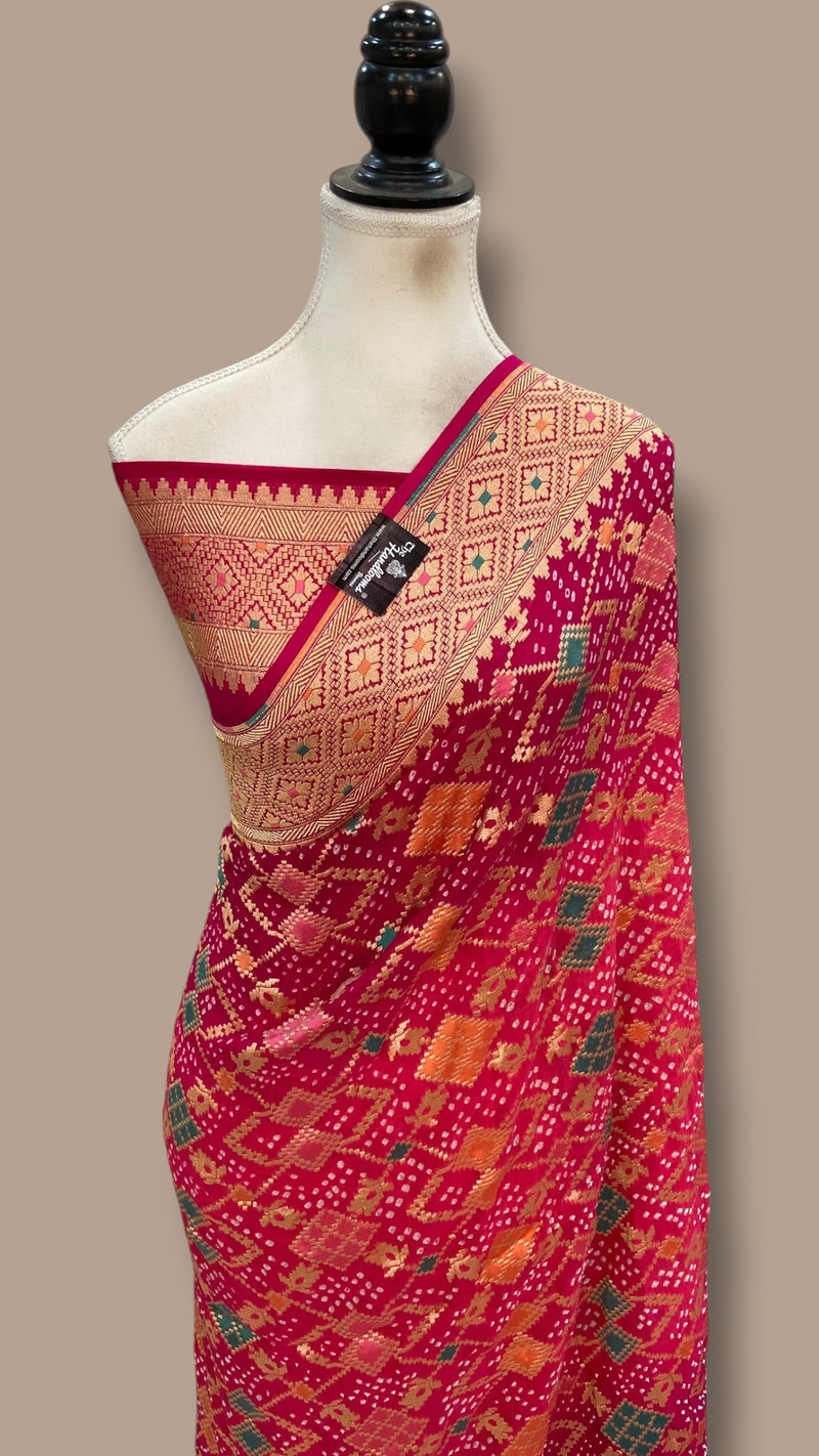 Pure Georgette Banarasi Bandhej Handloom Saree - Meenakari - The Handlooms