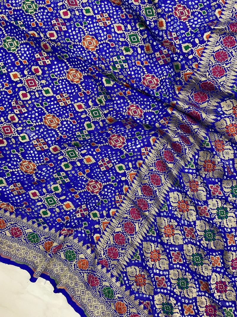 Pure Georgette Banarasi Bandhej Handloom Saree - with meenakari work - The Handlooms