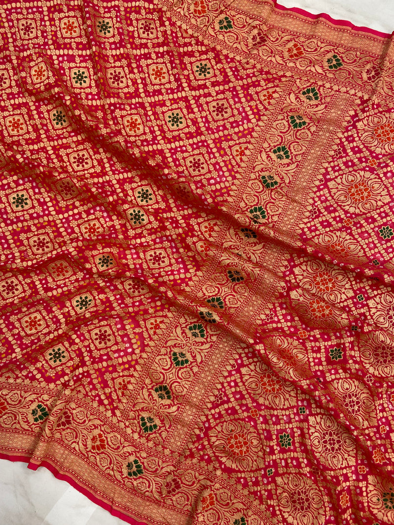 Pure Georgette Banarasi Bandhej Handloom Saree - with meenakari work - The Handlooms