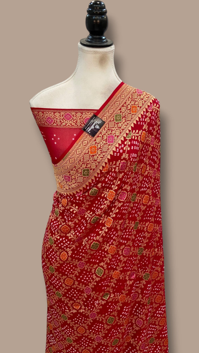 Pure Georgette Banarasi Bandhej Handloom Saree - Meenakari