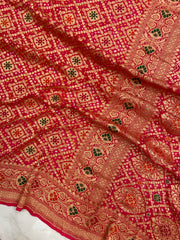 Pure Georgette Banarasi Bandhej Handloom Saree - with meenakari work - The Handlooms