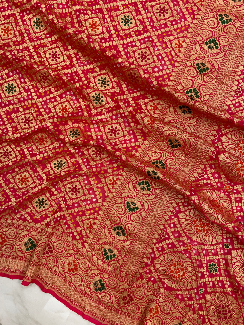 Pure Georgette Banarasi Bandhej Handloom Saree - with meenakari work - The Handlooms