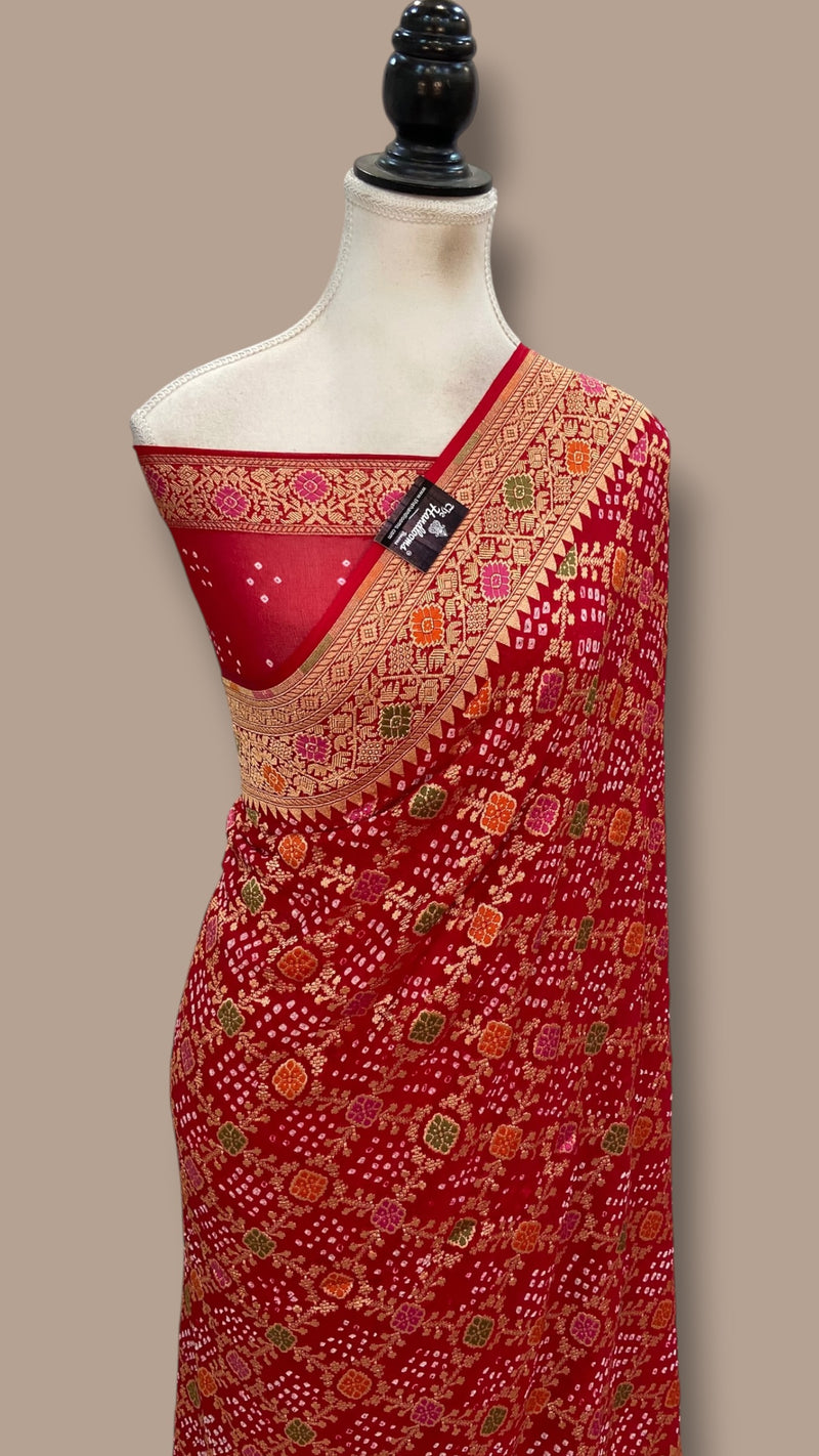 Pure Georgette Banarasi Bandhej Handloom Saree - Meenakari
