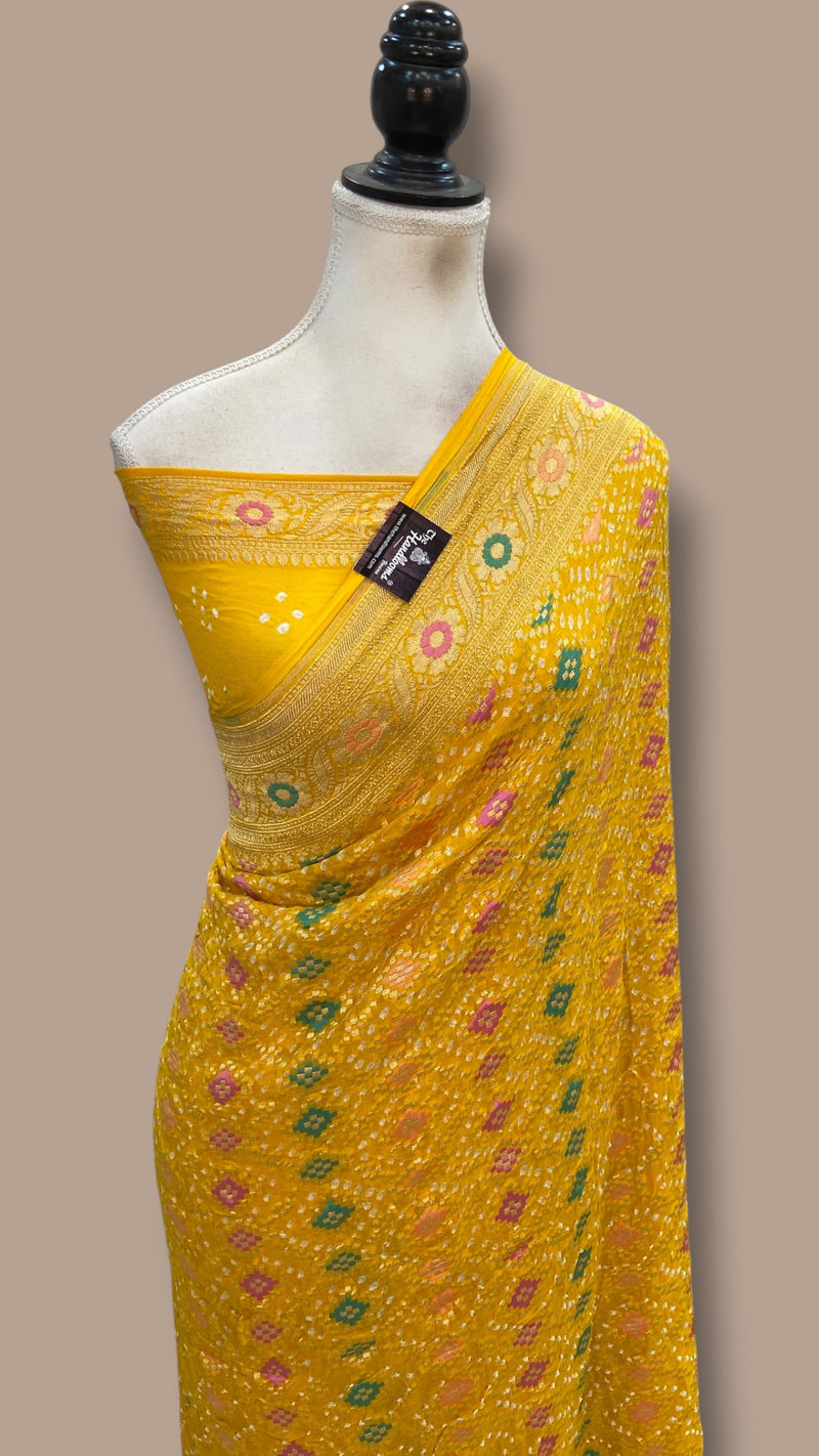 Pure Georgette Banarasi Bandhej Handloom Saree - Meenakari - The Handlooms