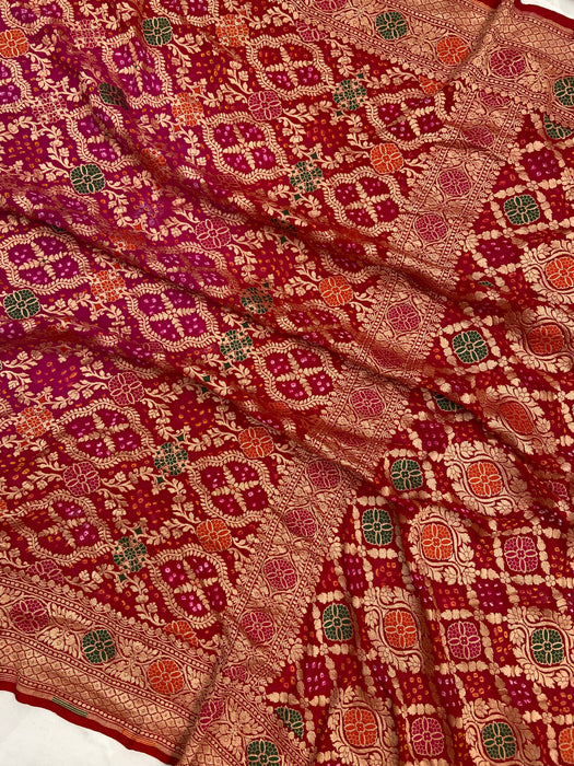 Pure Georgette Banarasi Bandhej Handloom Saree - with meenakari work