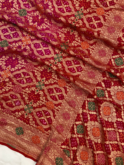 Pure Georgette Banarasi Bandhej Handloom Saree - with meenakari work