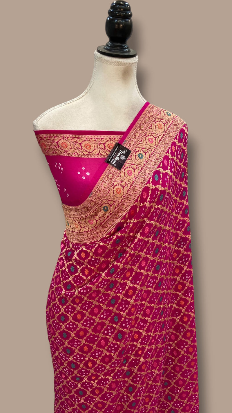 Pure Georgette Banarasi Bandhej Handloom Saree - Meenakari - The Handlooms
