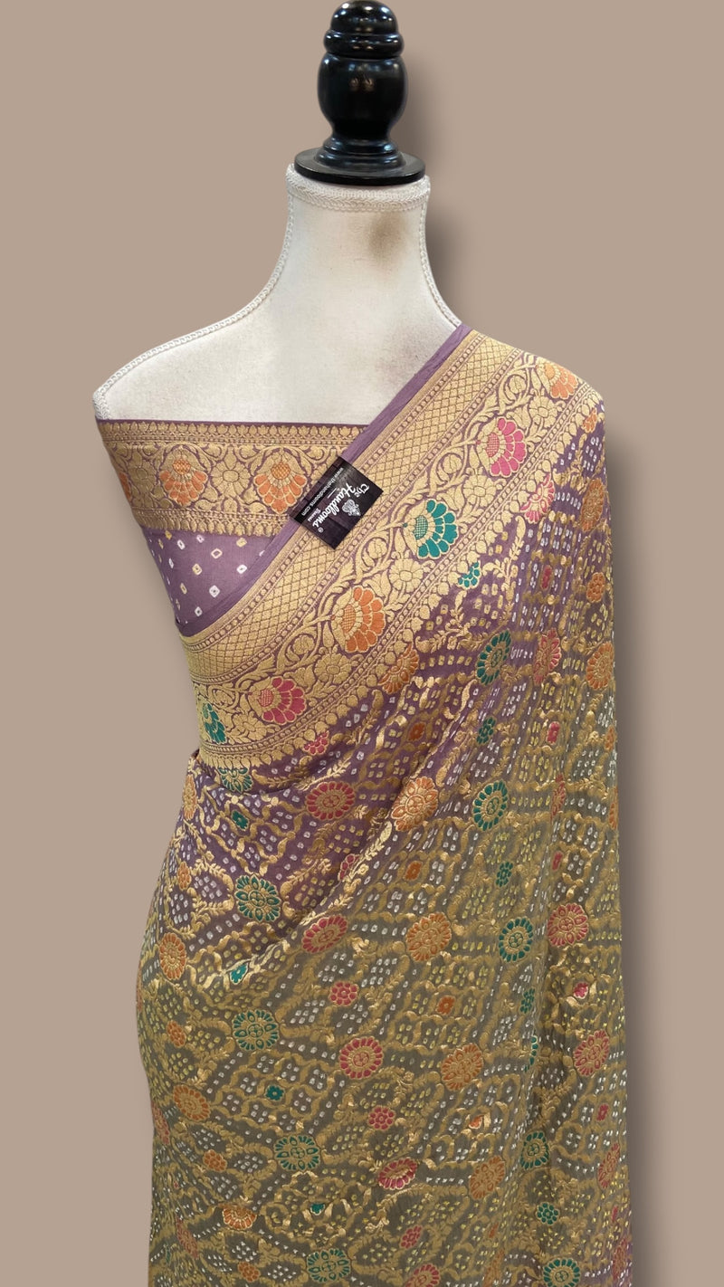 Pure Georgette Banarasi Bandhej Handloom Saree - Meenakari - The Handlooms