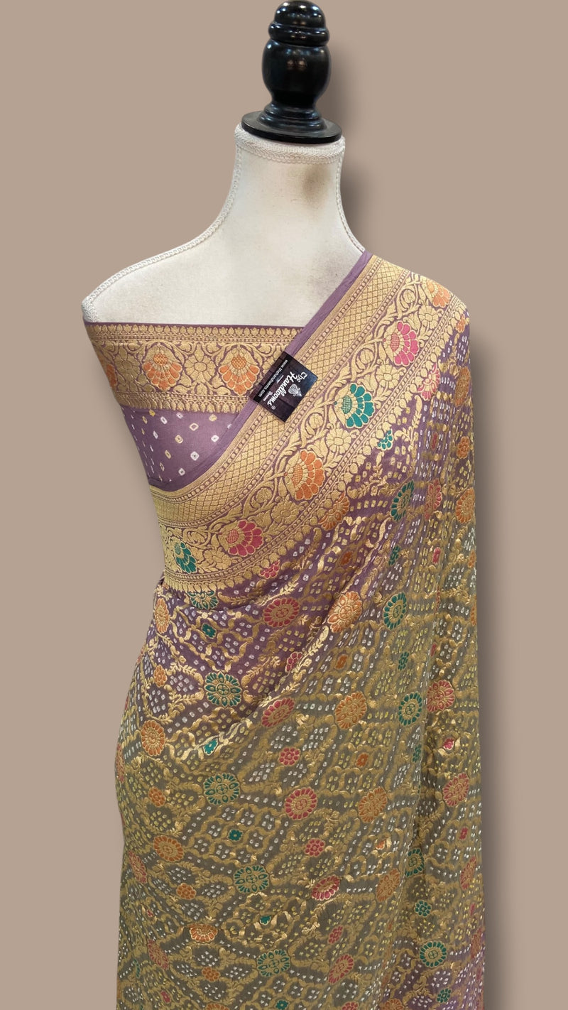Pure Georgette Banarasi Bandhej Handloom Saree - Meenakari - The Handlooms