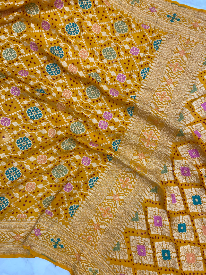 Pure Georgette Banarasi Bandhej Handloom Saree - with meenakari work - The Handlooms