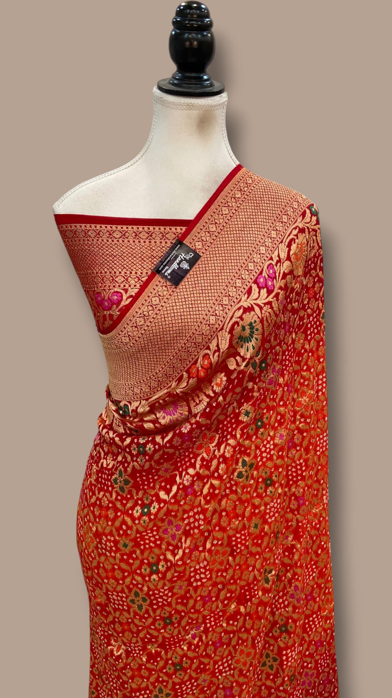 Pure Georgette Banarasi Bandhej Handloom Saree - Meenakari