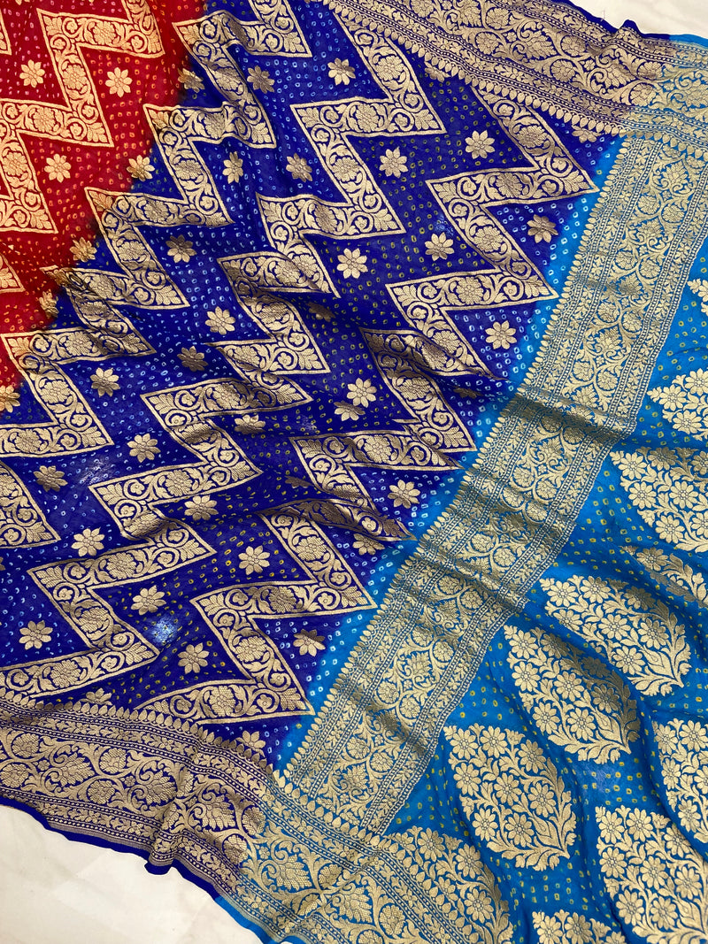 Pure Georgette Banarasi Bandhej Handloom Saree Multi shade - The Handlooms
