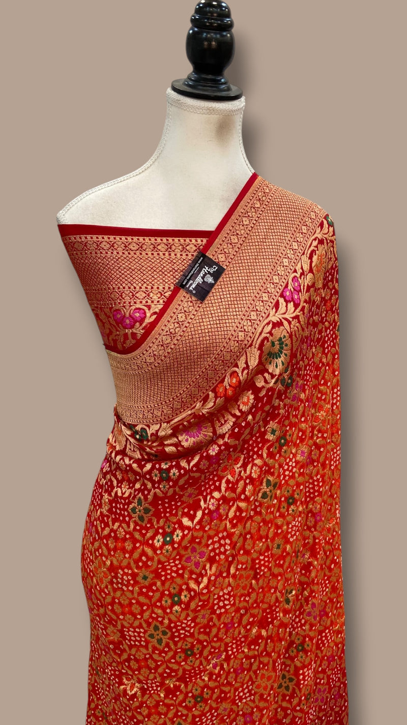 Pure Georgette Banarasi Bandhej Handloom Saree - Meenakari