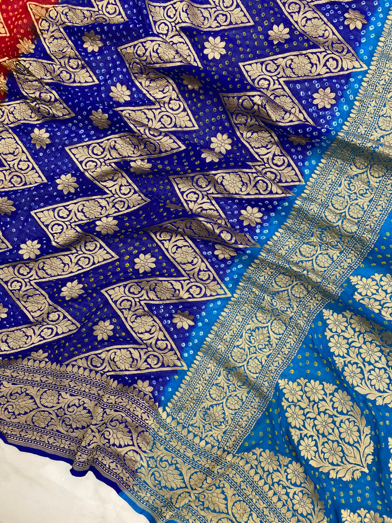 Pure Georgette Banarasi Bandhej Handloom Saree Multi shade - The Handlooms
